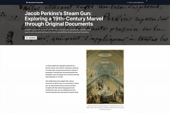 Interactive public exhibit showcasing historical documents with rich context and multimedia