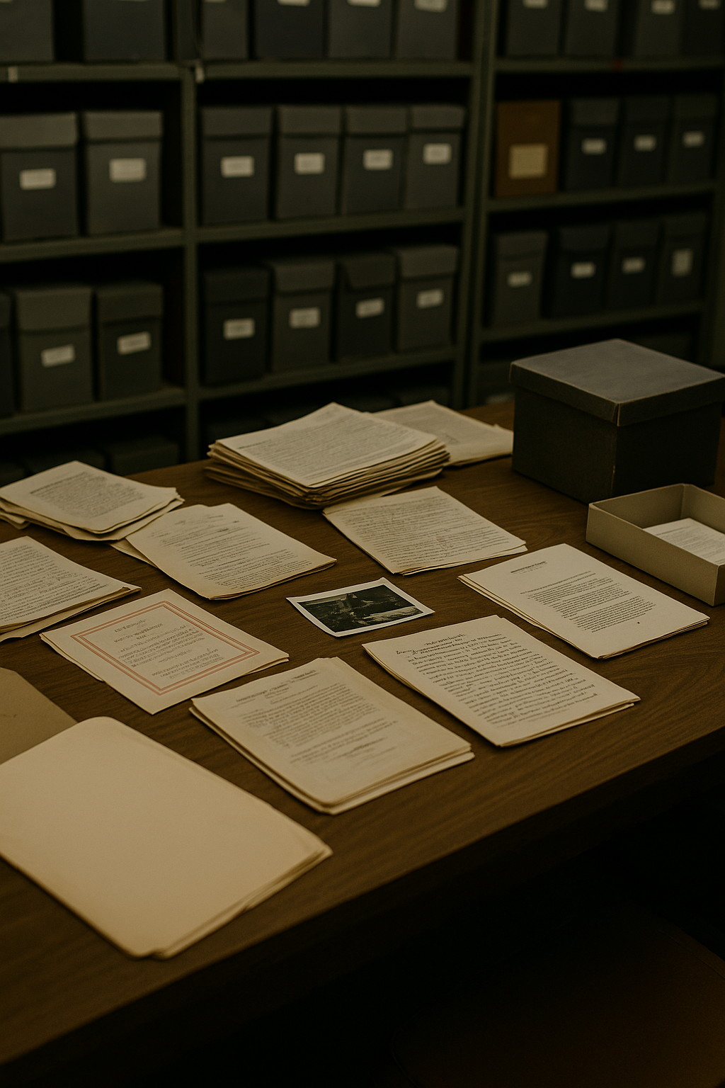 Disorganized archive with boxes of historical documents